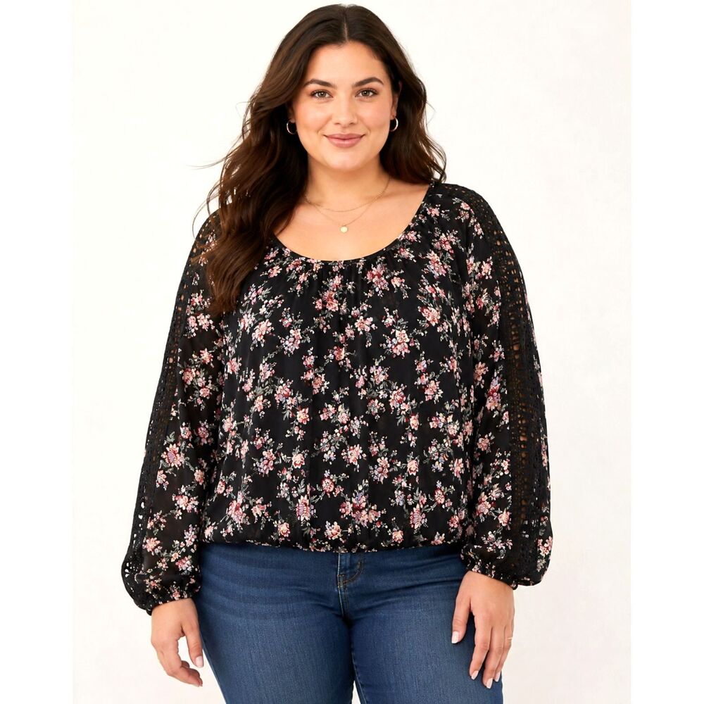 American Rag Cie 2X Floral Boho Peasant Top Crochet Sleeve Black Plus Size